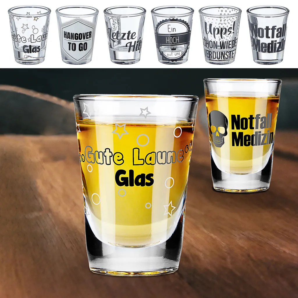 24x Schnapsglas Display 6fach sortiert Trinksprüche Glas Shotgläser Stamper